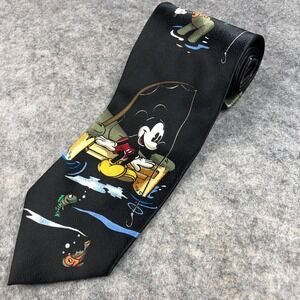 Disney Mickey Mouse Fishing Tie Black 100% Polyester Men's Necktie W 4" L 58"